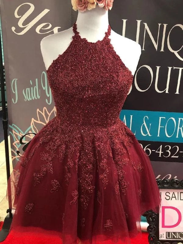 Halter Neck Backless Short Burgundy Lace Prom Burgundy Lace Formal Graduation Party Dresses Homecoming Dresses