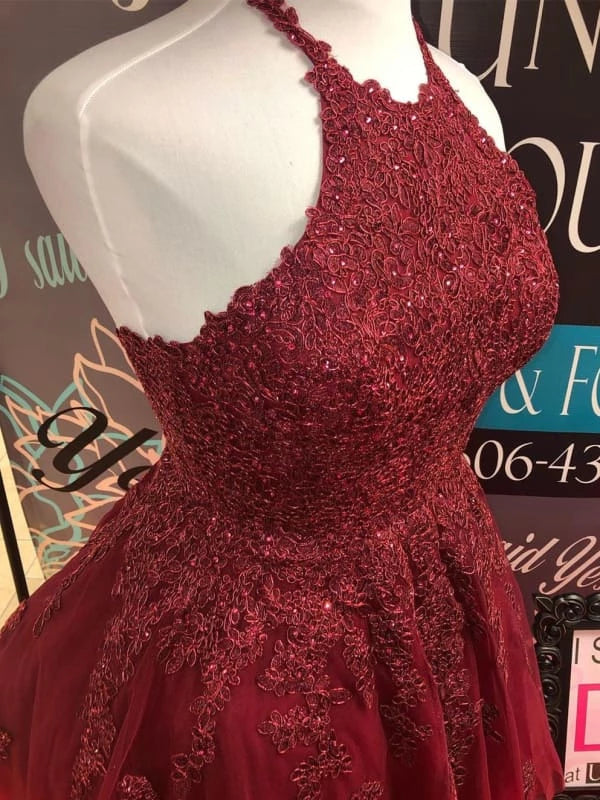 Halter Neck Backless Short Burgundy Lace Prom Burgundy Lace Formal Graduation Party Dresses Homecoming Dresses