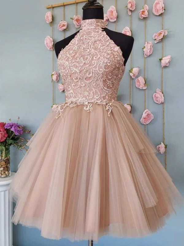 Halter Neck Open Back Champagne Lace Short Prom Formal Graduation Party Dresses Homecoming Dresses