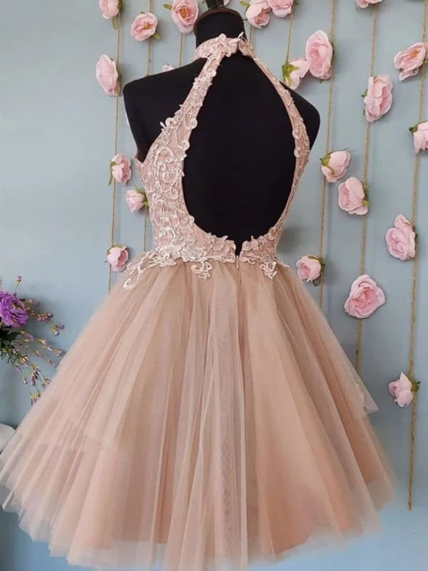 Halter Neck Open Back Champagne Lace Short Prom Formal Graduation Party Dresses Homecoming Dresses