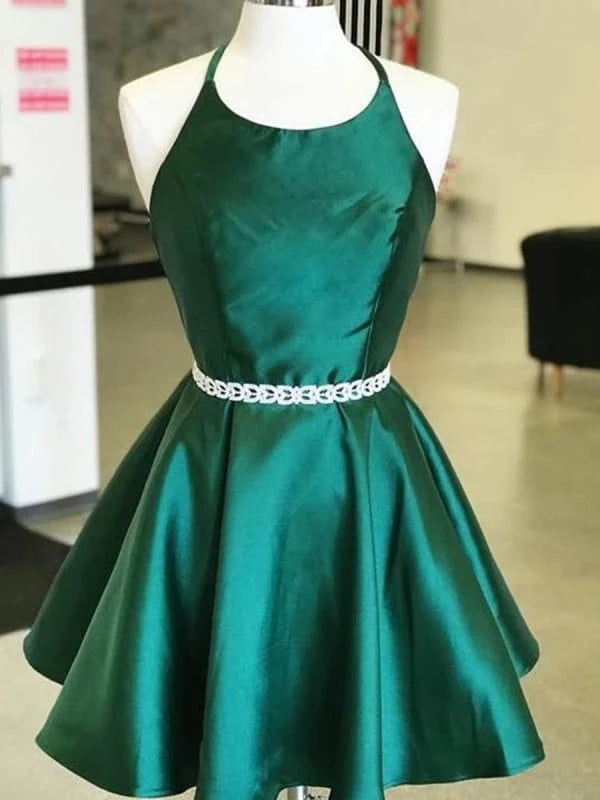 Halter Neck Short Emerald Green Prom with Belt Short Emerald Green Formal Graduation Party Dresses Homecoming Dresses