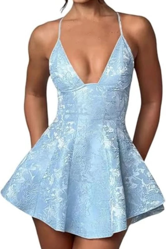 Halter Satin Short Party Dress Ruffle Jacquard with Cross Straps Party Dresses Homecoming Dress