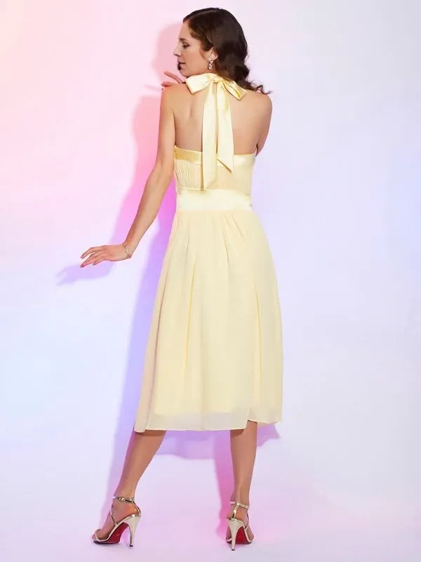 Halter Sleeveless Chiffon Knee-Length With Pleats Evening Dress Party Dresses