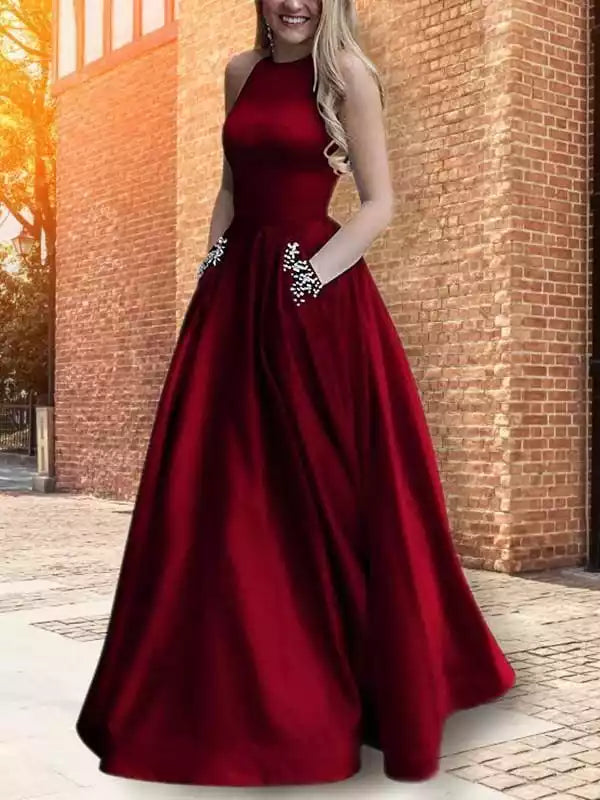 Halter Sleeveless Floor-Length A-line Satin Party Dresses With Beading Bridesmaid Dresses