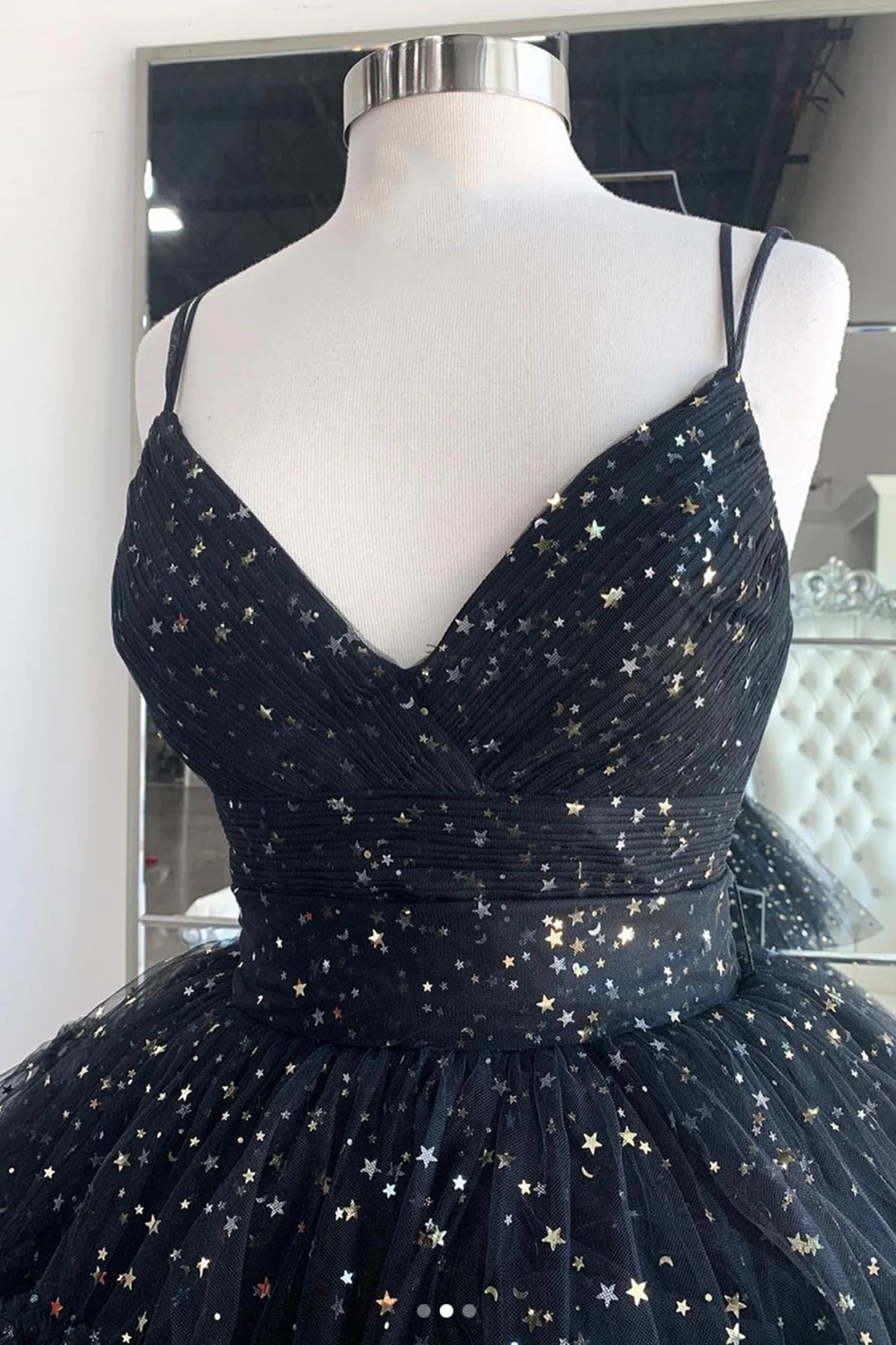 High Low Black V-Neck Tulle Long Prom Dresses Evening Party Dresses