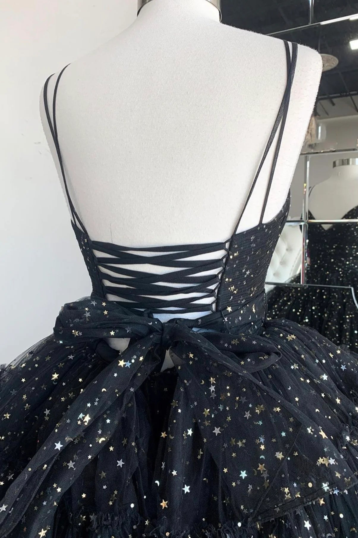 High Low Black V-Neck Tulle Long Prom Dresses Evening Party Dresses