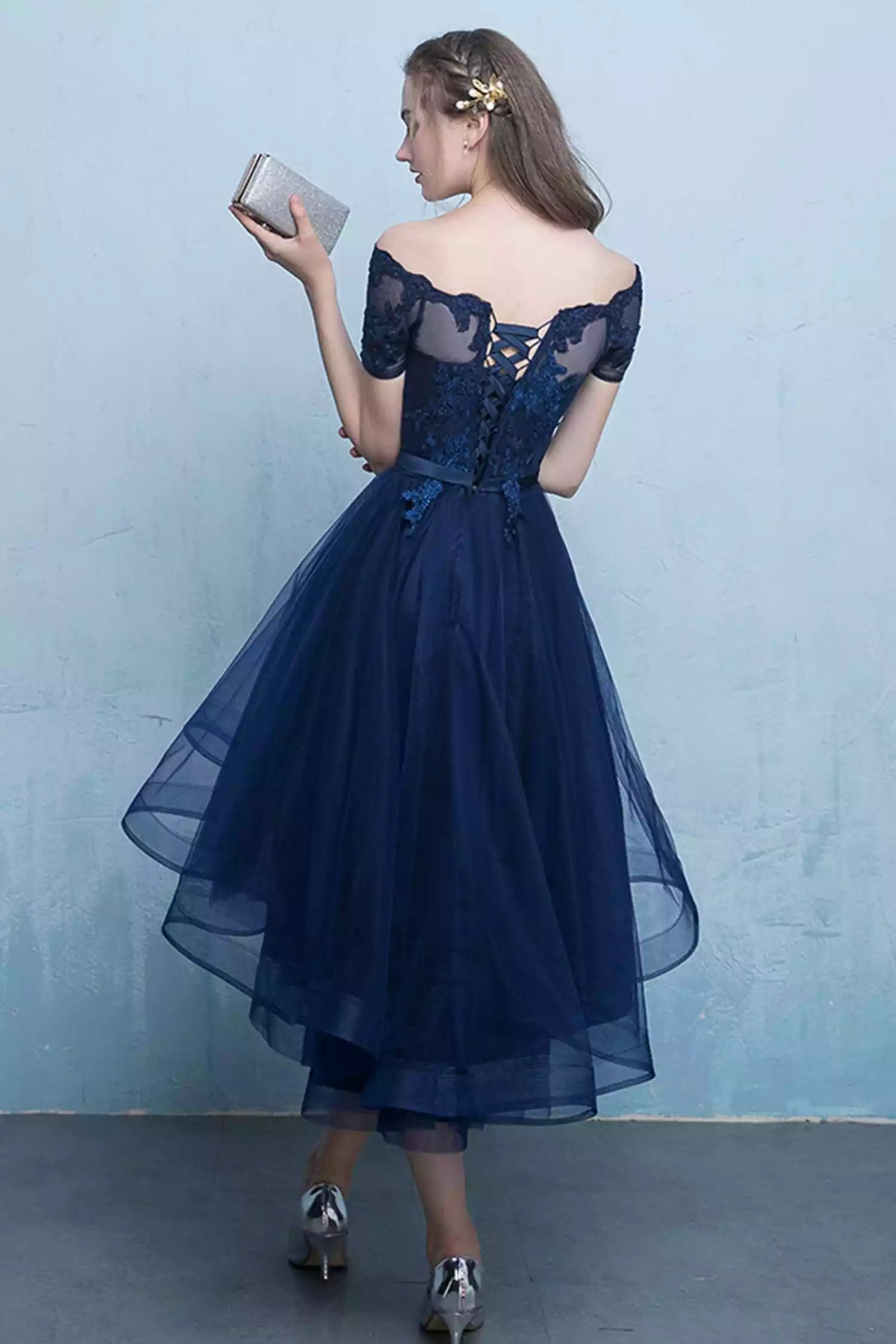 High Low Blue Tulle Lace Short Prom Dress Evening Party Dress