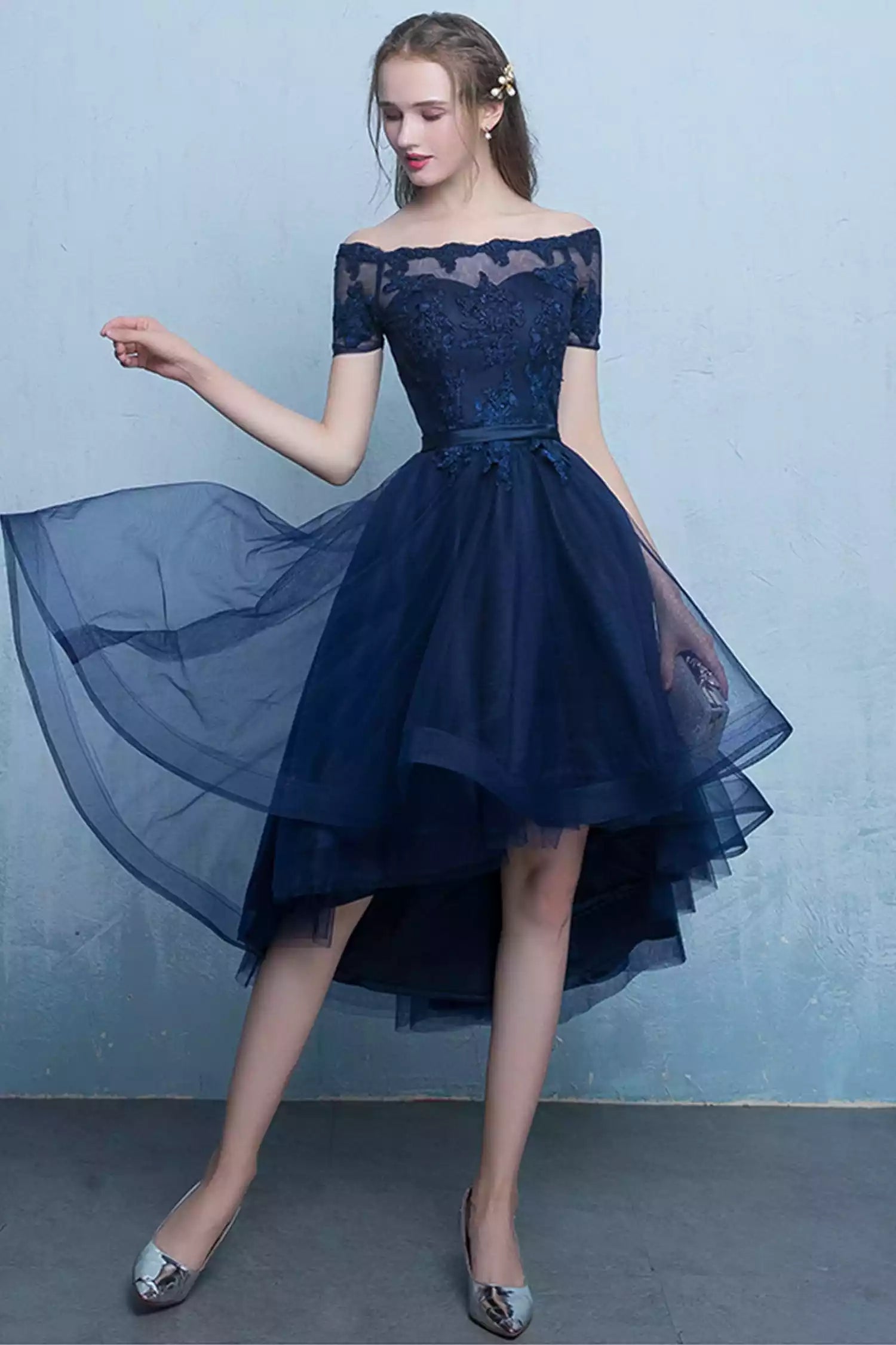 High Low Blue Tulle Lace Short Prom Dress Evening Party Dress