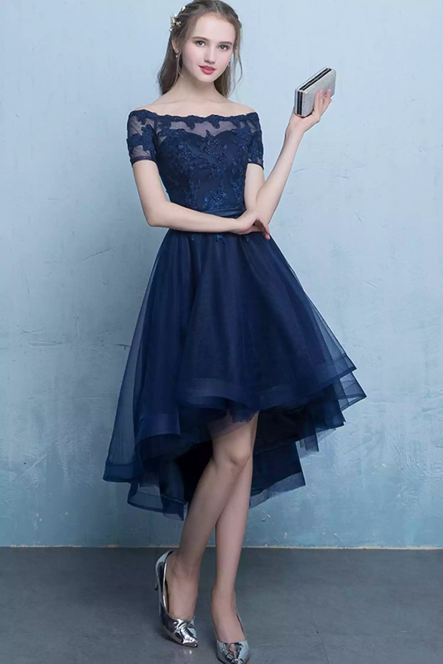 High Low Blue Tulle Lace Short Prom Dress Evening Party Dress
