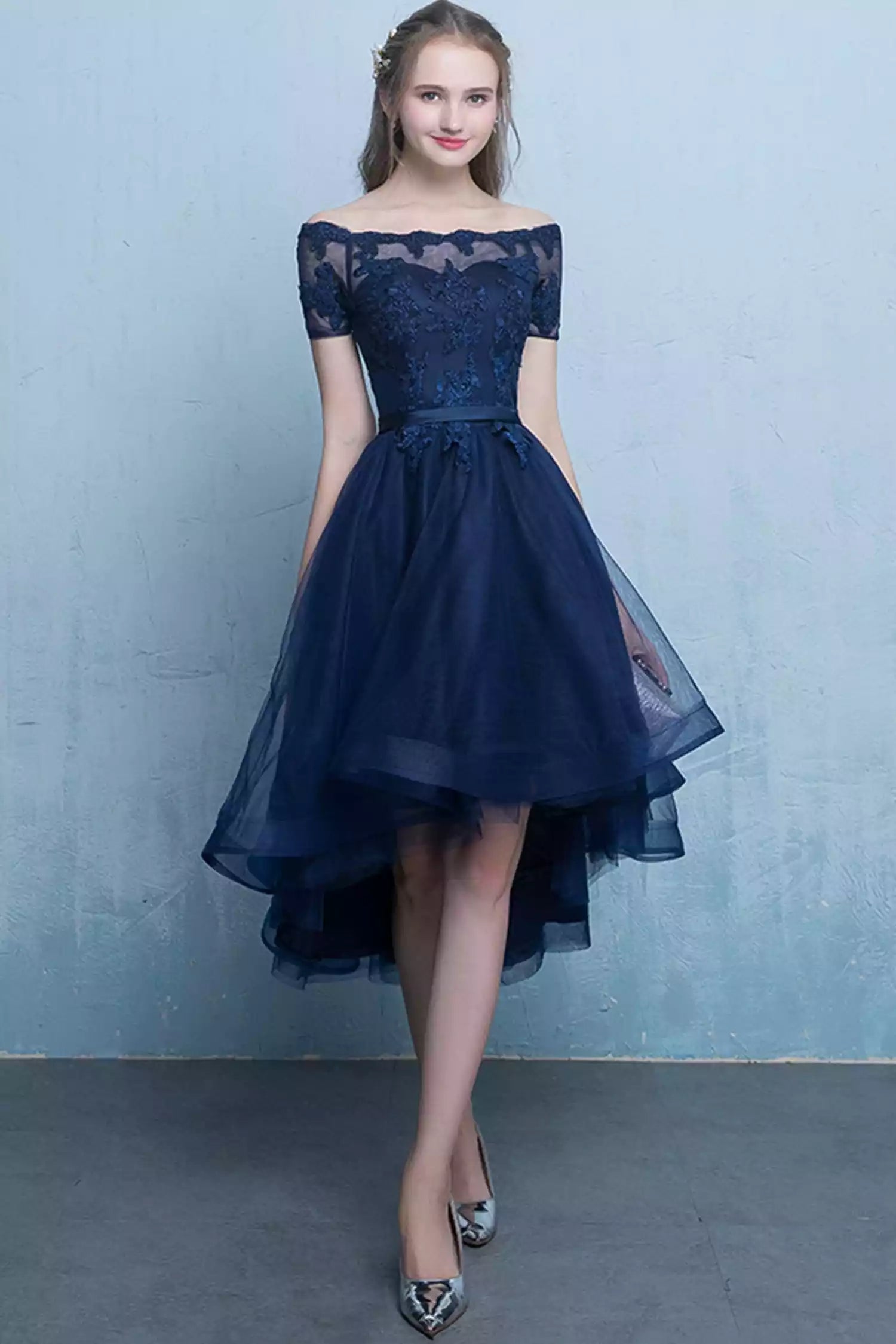 High Low Blue Tulle Lace Short Prom Dress Evening Party Dress