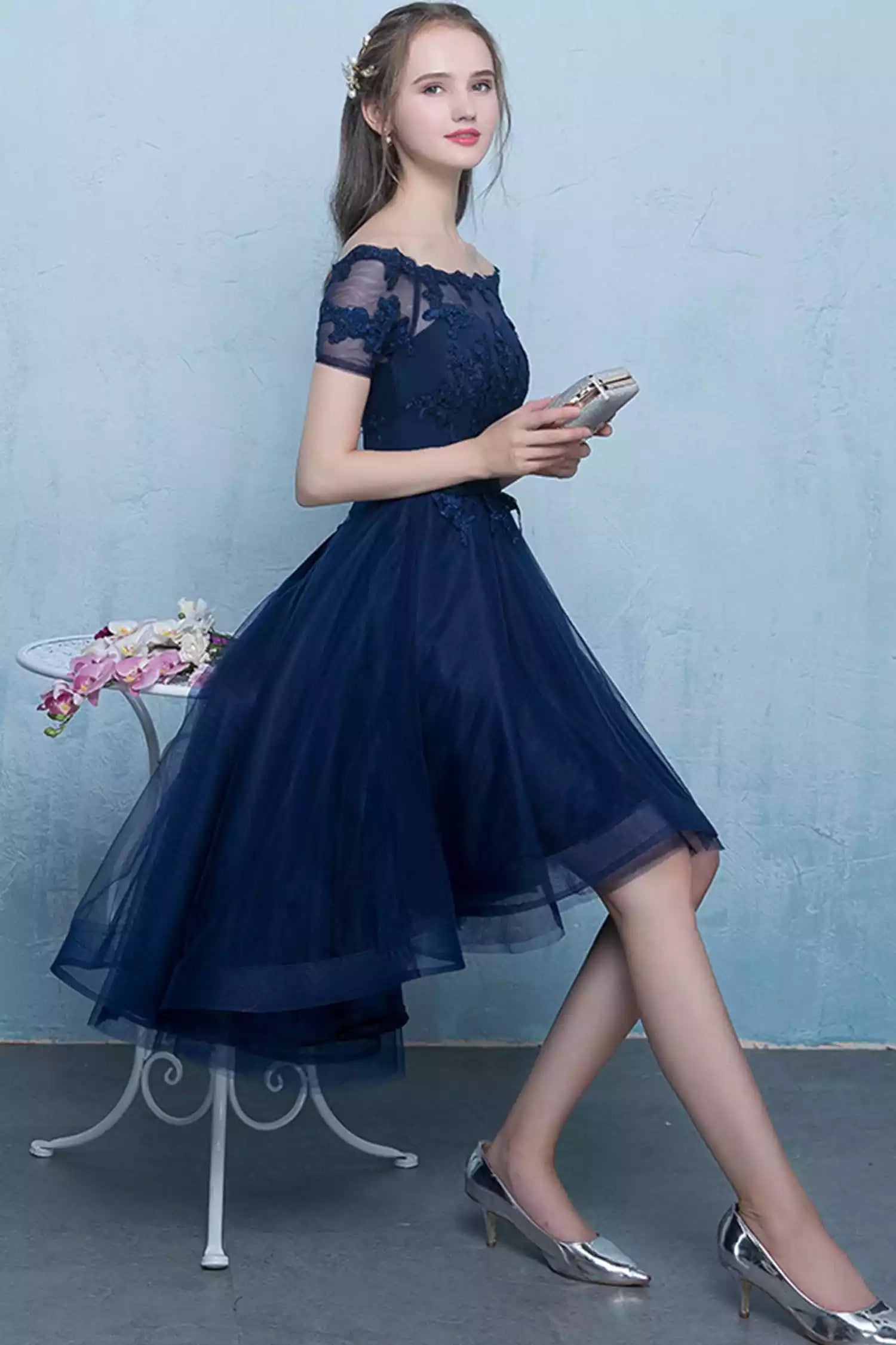 High Low Blue Tulle Lace Short Prom Dress Evening Party Dress
