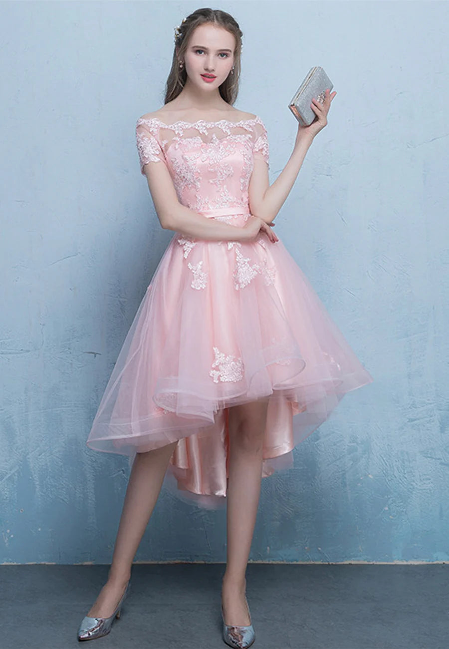 High Low Pink Tulle Lace Short Prom Dress Evening Party Dress