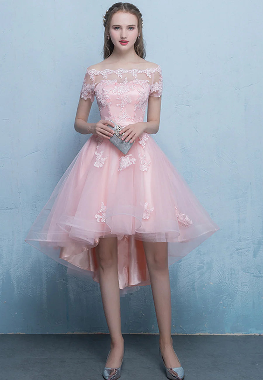 High Low Pink Tulle Lace Short Prom Dress Evening Party Dress