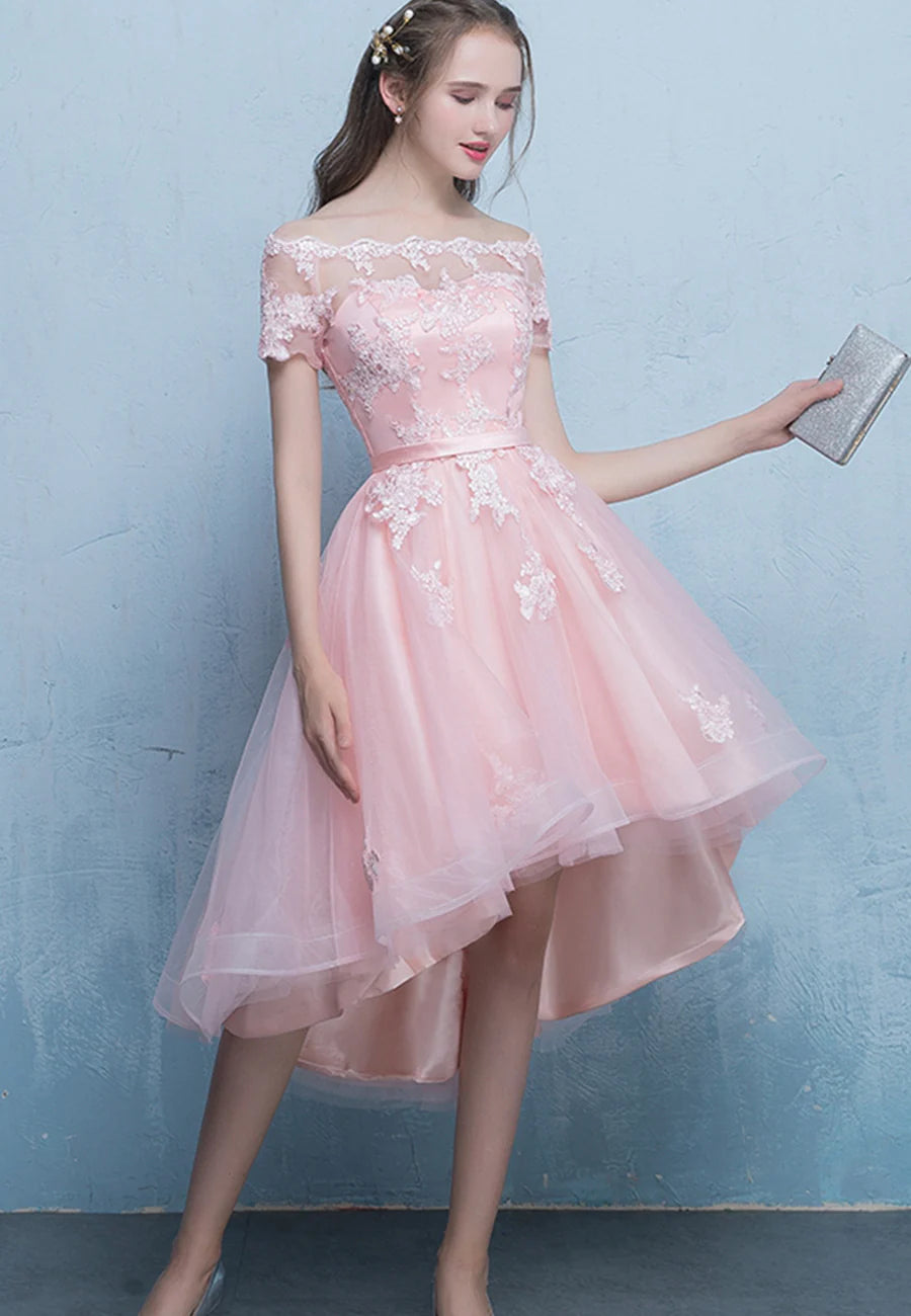 High Low Pink Tulle Lace Short Prom Dress Evening Party Dress