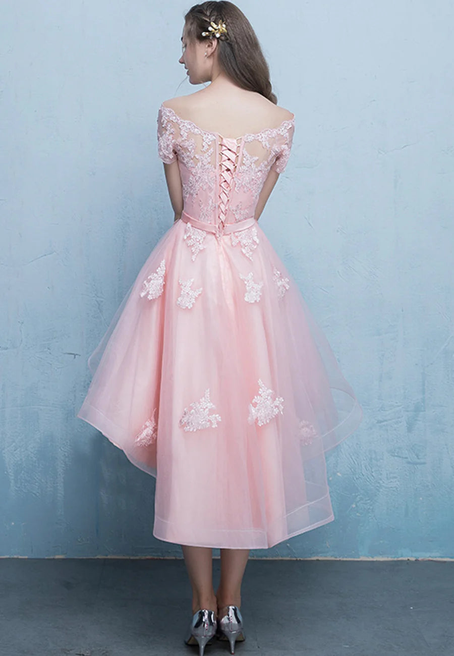 High Low Pink Tulle Lace Short Prom Dress Evening Party Dress