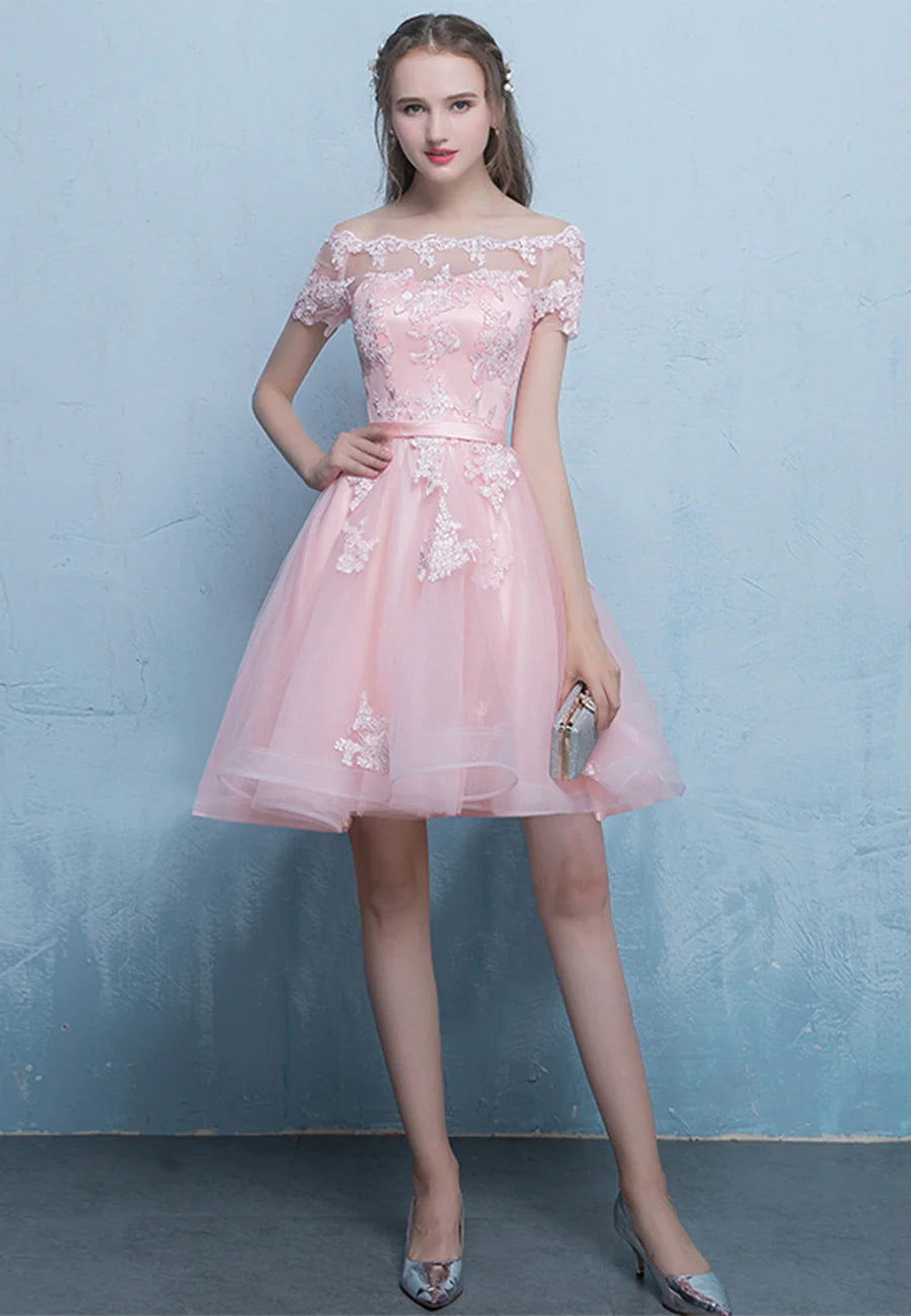 High Low Pink Tulle Lace Short Prom Dress Evening Party Dress