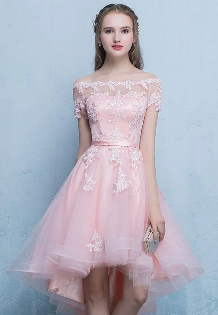 High Low Pink Tulle Lace Short Prom Dress Evening Party Dress