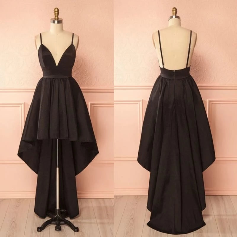 High Low V Neck Spaghetti Straps Backless Black Prom Graduation Party Dresses Homecoming Dresses