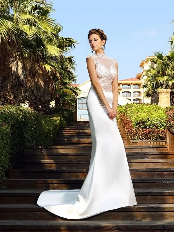 High Neck Mermaid Satin Sleeveless Court Train With Beading Dresses Wedding Dresses
