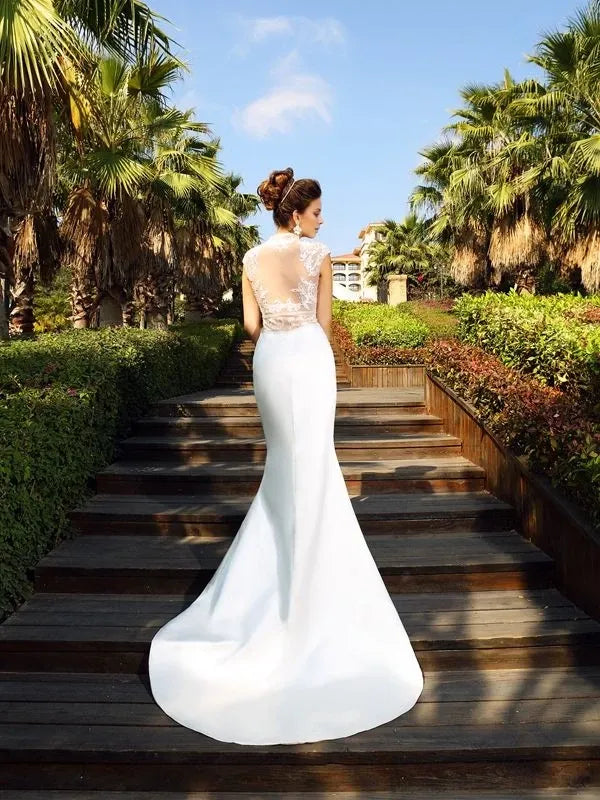 High Neck Mermaid Satin Sleeveless Court Train With Beading Dresses Wedding Dresses