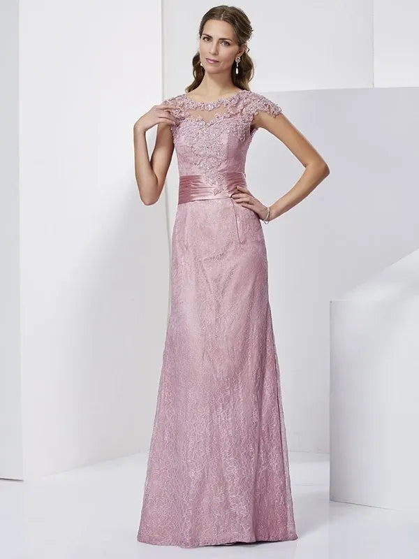 High Neck Short Sleeves Sheath Elastic Woven Satin Floor-Length With Lace Mother of the Bride Dresse