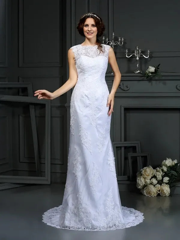 High Neck Sleeveless Sheath Lace Court Train With Lace Wedding Dresses