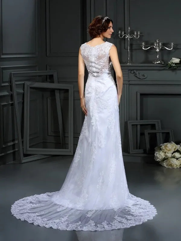 High Neck Sleeveless Sheath Lace Court Train With Lace Wedding Dresses