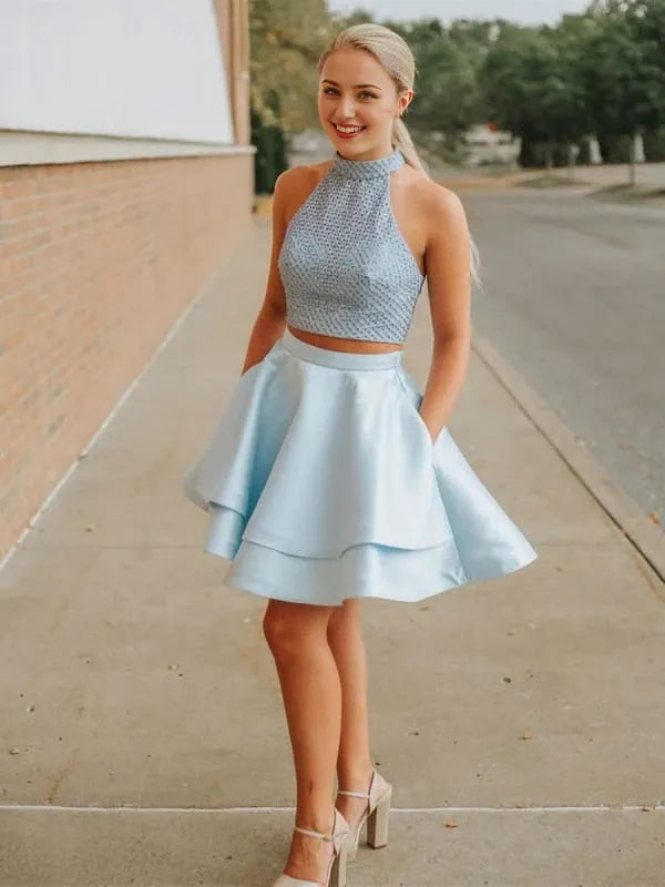 High Neck Two Pieces Light Blue Short Prom with Pockets 2 Pieces Layered Light Blue Formal Graduation Party Dresses Homecoming Dresses