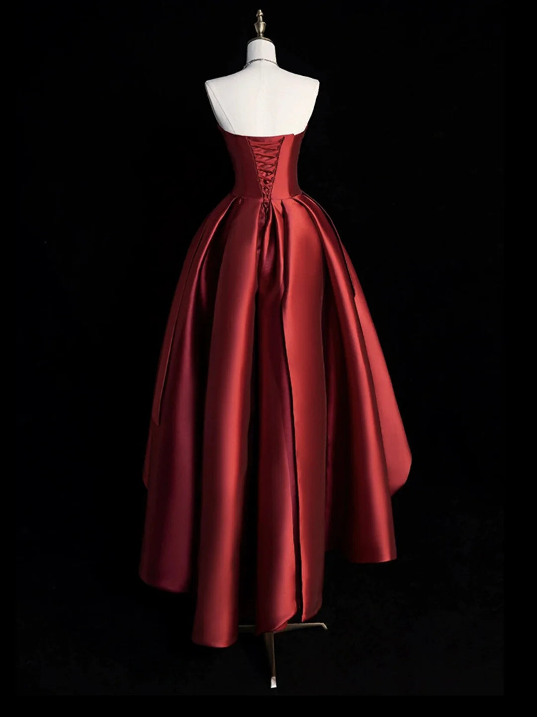 Hight Low Prom Dress Burgundy Satin Lovely A-Line Strapless Party Dress  Homecoming Dress