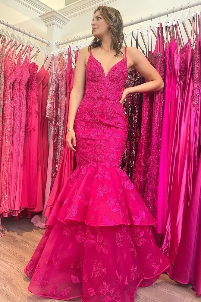 Hot Pink V-Neck Lace Applique Layered Mermaid Floor-length Evening Dresses Evening Dresses Prom Dress