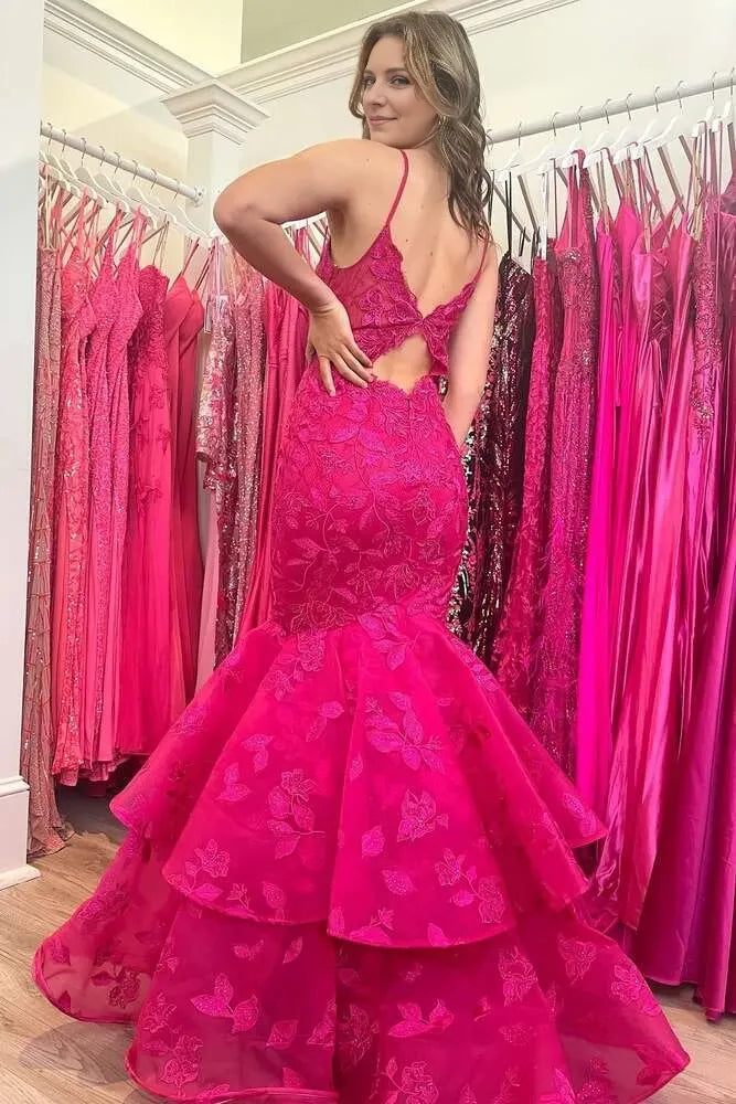 Hot Pink V-Neck Lace Applique Layered Mermaid Floor-length Evening Dresses Evening Dresses Prom Dress