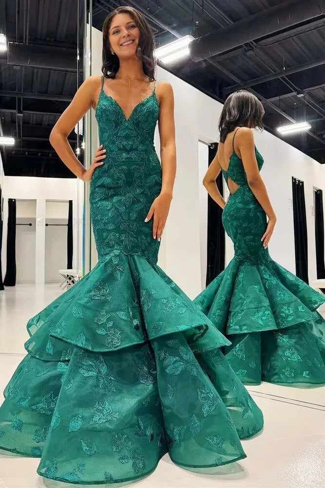 Hunter Green V-Neck Lace Applique Layered Mermaid Floor-length Evening Dresses Evening Dresses Prom Dress