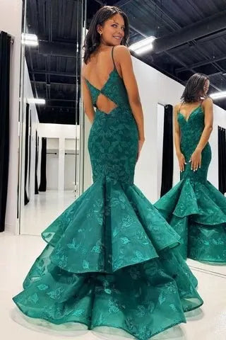 Hunter Green V-Neck Lace Applique Layered Mermaid Floor-length Evening Dresses Evening Dresses Prom Dress