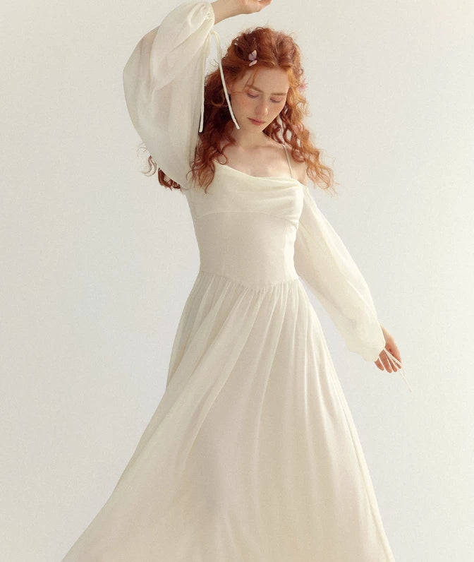 Ivory Gentle A Line Long Sleeve Chiffon Off-the-shoulder Long Sleeves Floor length Prom Dress Cocktail Dress Homecoming Dress Evening Dress Party Dress