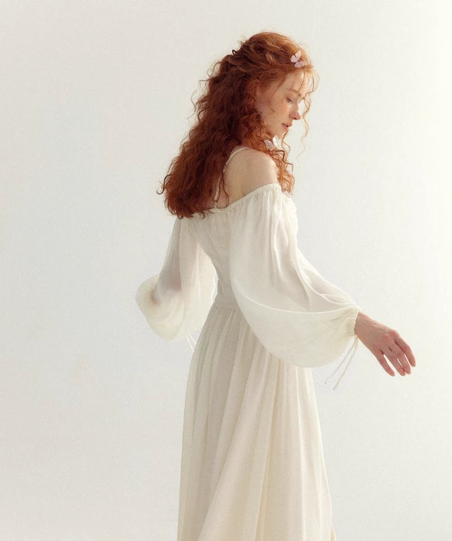 Ivory Gentle A Line Long Sleeve Chiffon Off-the-shoulder Long Sleeves Floor length Prom Dress Cocktail Dress Homecoming Dress Evening Dress Party Dress