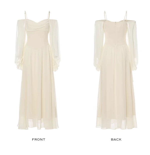 Ivory Gentle A Line Long Sleeve Chiffon Off-the-shoulder Long Sleeves Floor length Prom Dress Cocktail Dress Homecoming Dress Evening Dress Party Dress