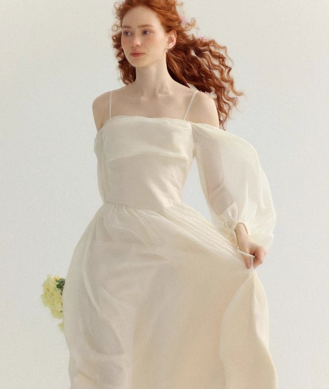 Ivory Gentle A Line Long Sleeve Chiffon Off-the-shoulder Long Sleeves Floor length Prom Dress Cocktail Dress Homecoming Dress Evening Dress Party Dress