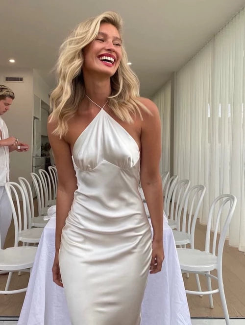 Ivory Halter Backless Elegant Long A-Line Sleeveless Prom Dress Party Dress Cocktail Dress Homecoming Dress Evening Dress