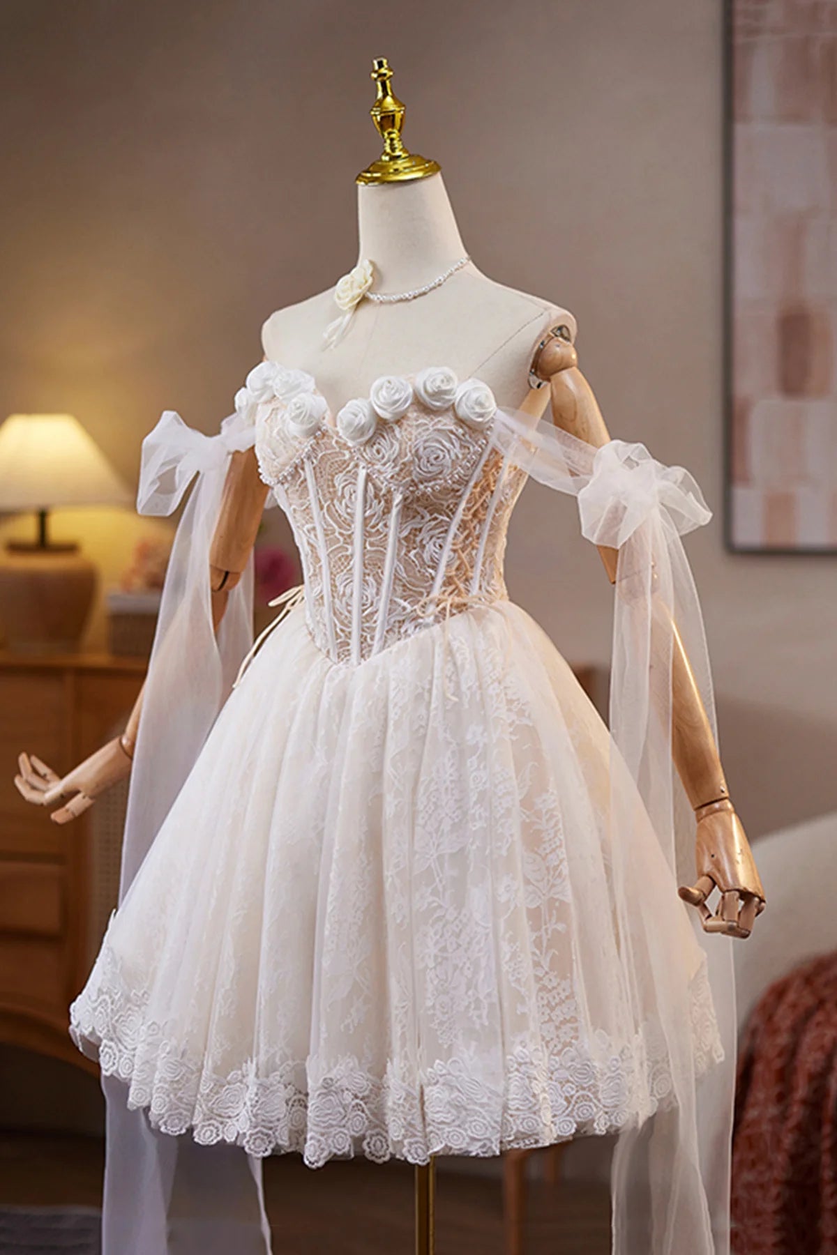 Ivory Lace Flower Pearl Birthday Knee length Short Party Dress Lovely A-Line Prom Dress