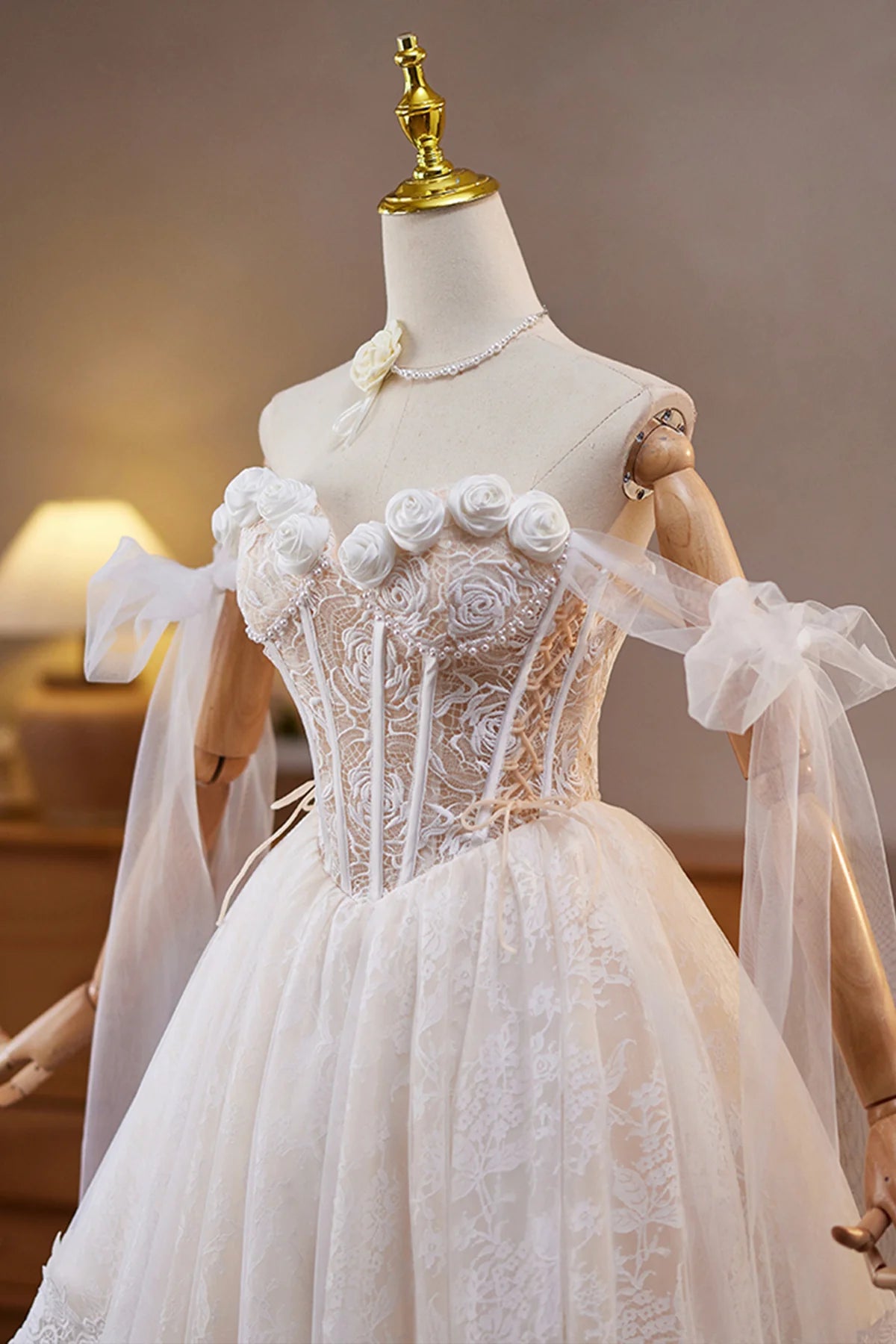 Ivory Lace Flower Pearl Birthday Knee length Short Party Dress Lovely A-Line Prom Dress