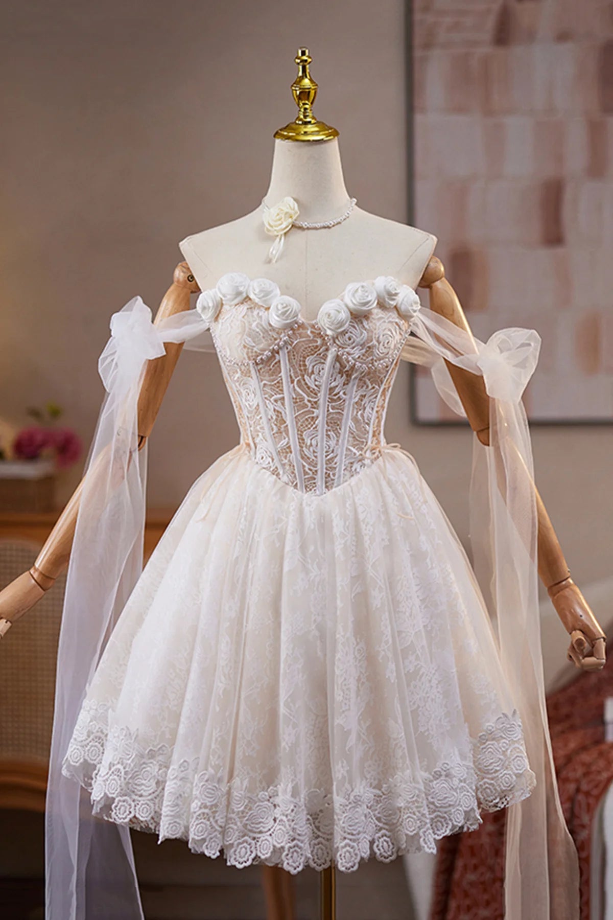 Ivory Lace Flower Pearl Birthday Knee length Short Party Dress Lovely A-Line Prom Dress