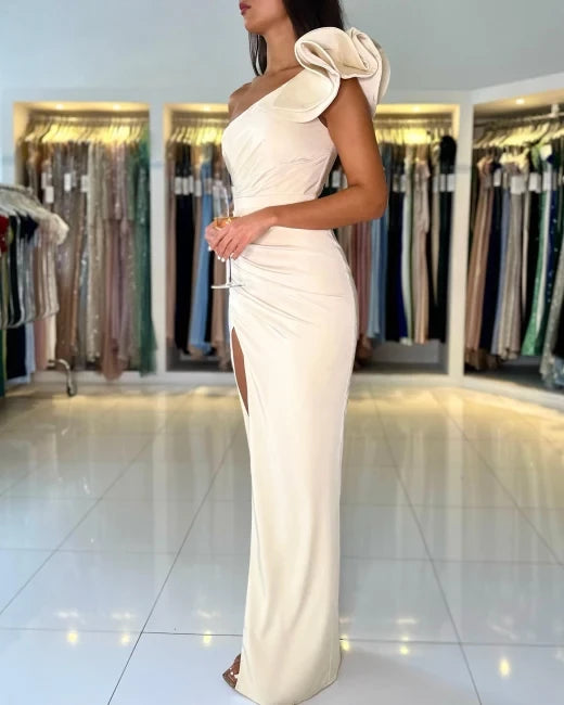 Ivory Sheath One Sgoulder Sleeveless Off-the-shoulder Ruffle Long with High Slit Party Dress  Prom Dress Party Dress Cocktail Dress Homecoming Dress Evening Dress