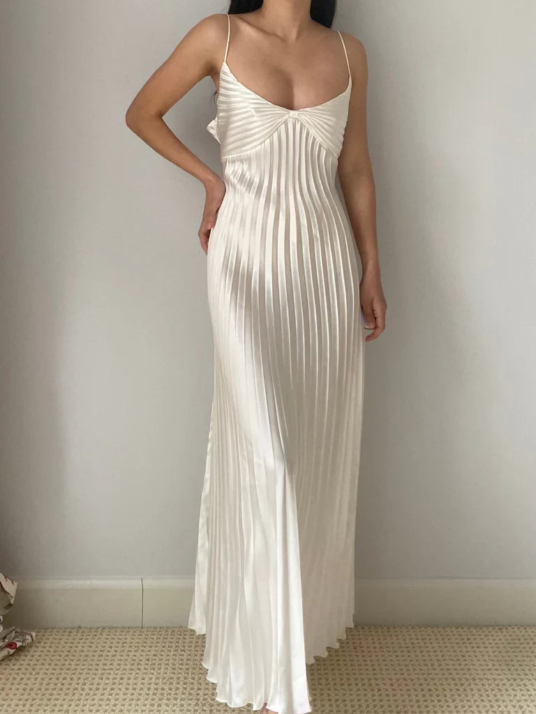 Ivory Spaghetti Straps A-Line Pleated Elegant Long Prom Dress Party Dress Cocktail Dress Homecoming Dress Evening Dress