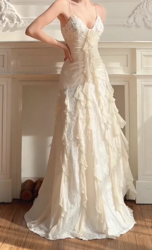 Ivory Vintage A Line Spaghetti Strap Ruffle Sleeveless Off-the-shoulder Chiffon Floor length Wedding Dress Prom Dress Cocktail Dress Homecoming Dress Evening Dress Party Dress