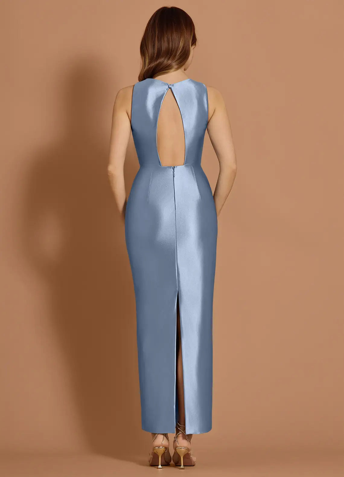 Keyhole Back Sleeveless Satin Sheath High Slit Floor Length For Sale Prom Dress