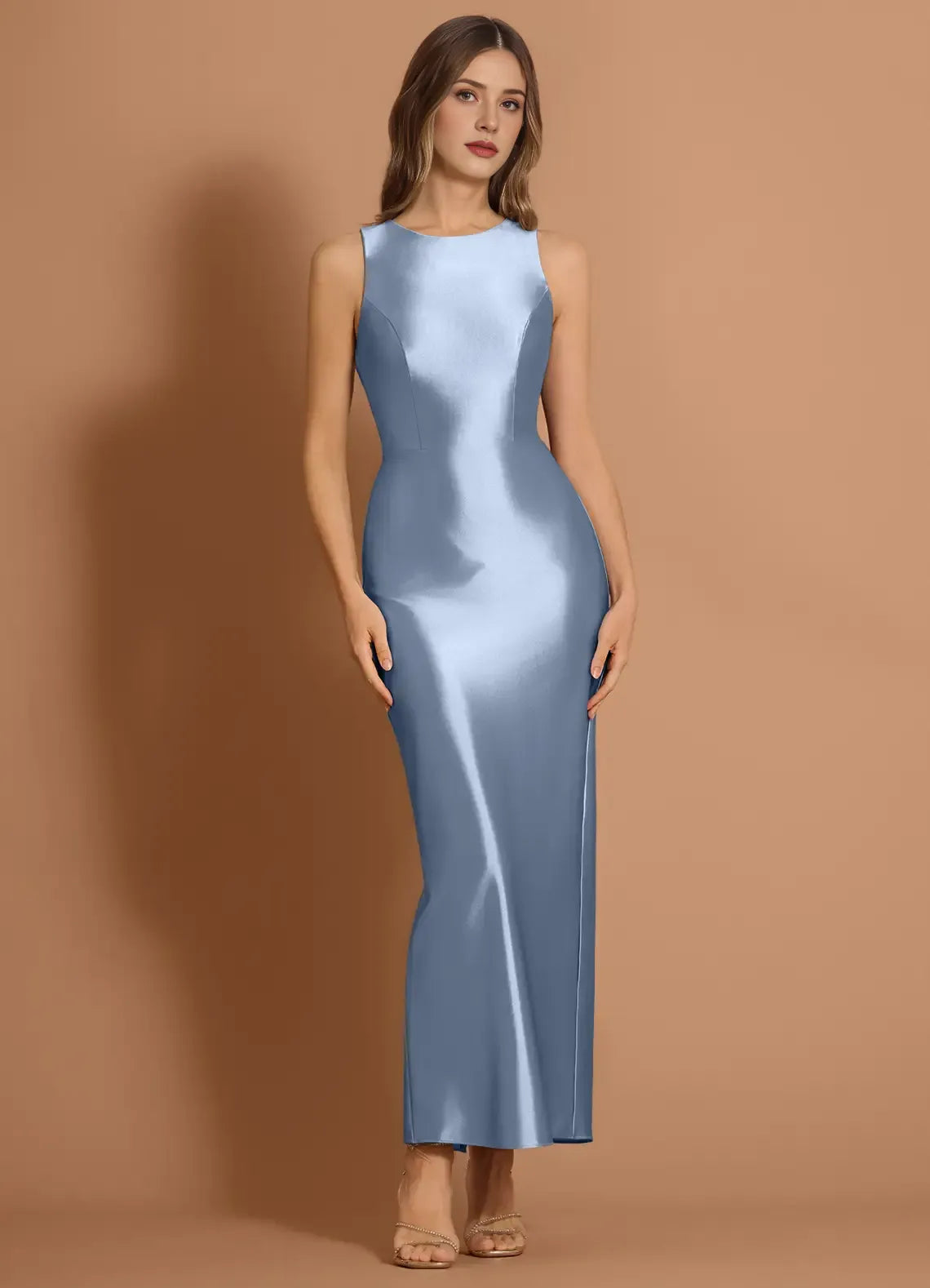 Keyhole Back Sleeveless Satin Sheath High Slit Floor Length For Sale Prom Dress