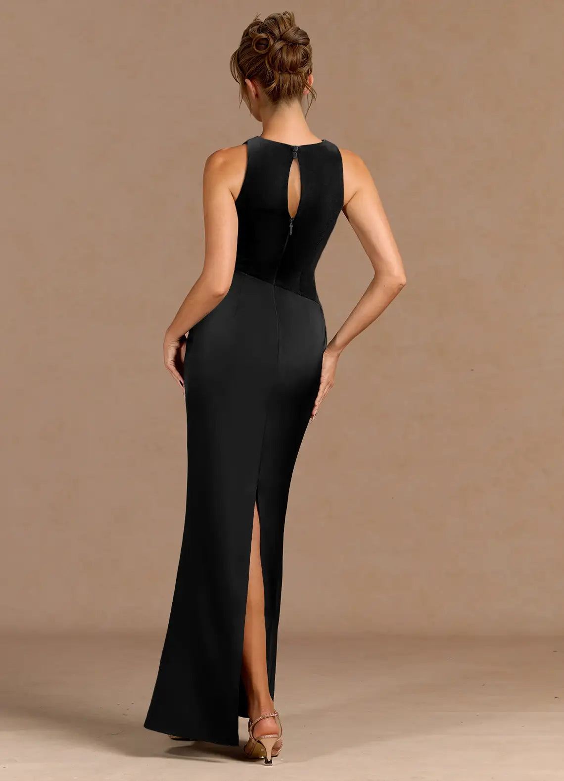 Keyhole Back Sleeveless Velvet Mermaid Ruched Bodice High Slit Floor Length Female Prom Dress