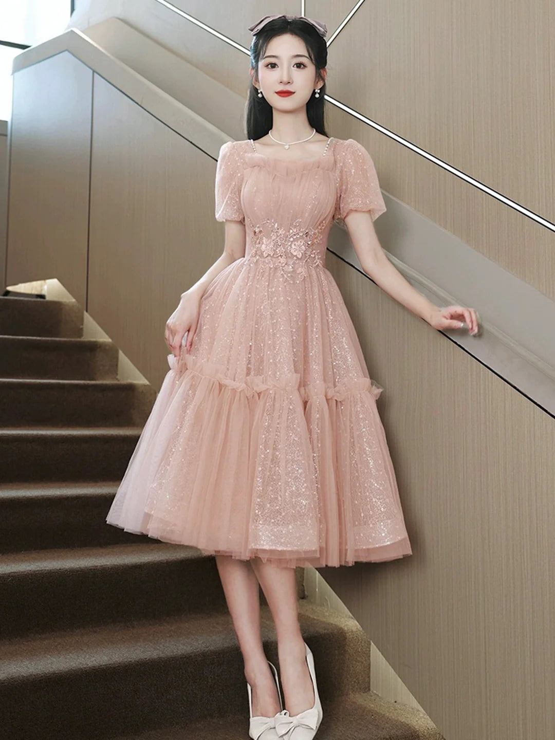 Knee Length Pink Tulle Sequins Party Dress Lovely Short Sleeve Homecoming Dress