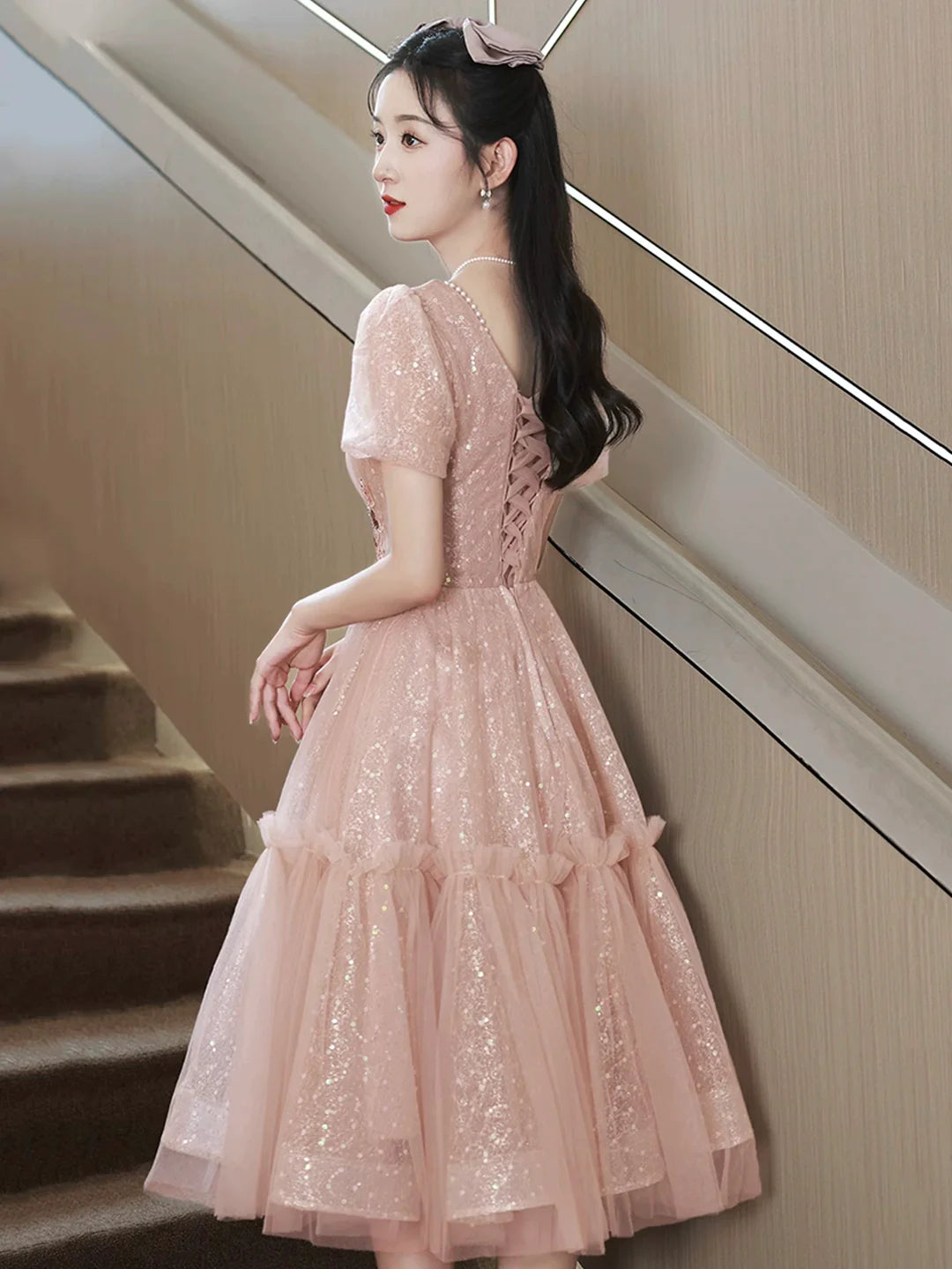 Knee Length Pink Tulle Sequins Party Dress Lovely Short Sleeve Homecoming Dress