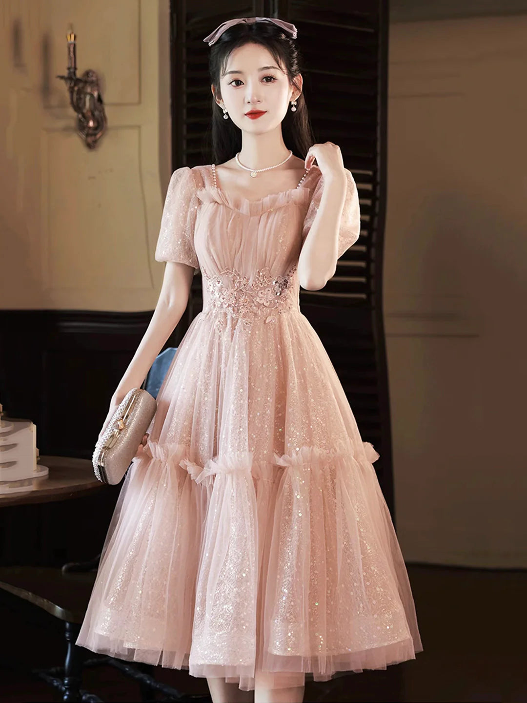 Knee Length Pink Tulle Sequins Party Dress Lovely Short Sleeve Homecoming Dress